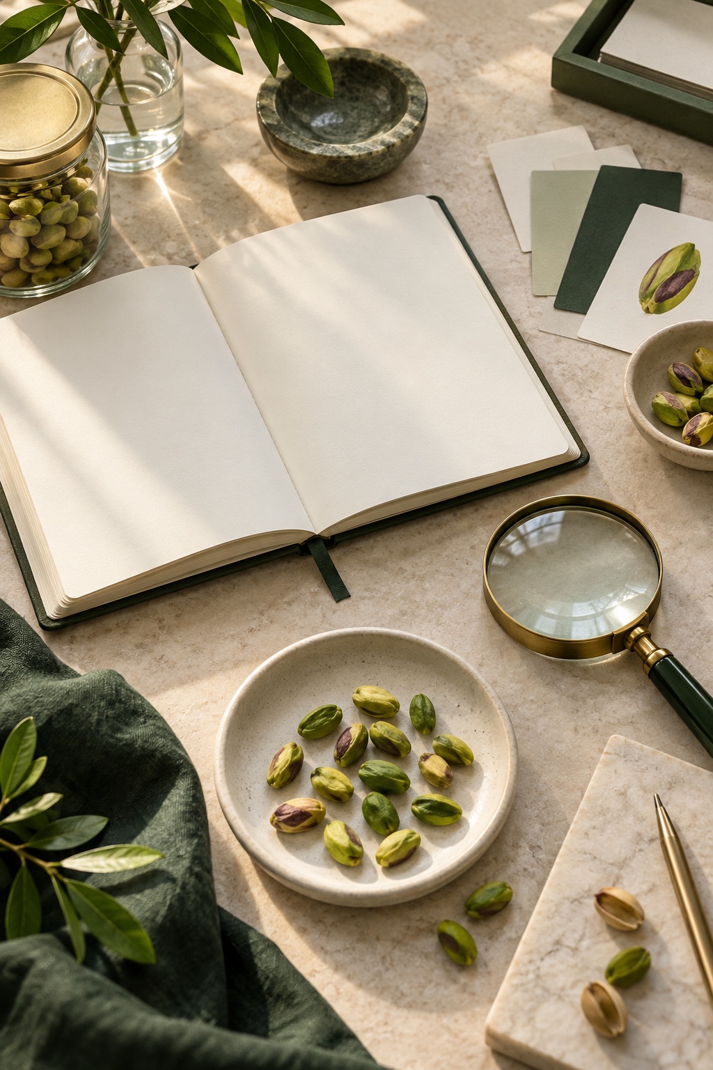 Technical pistachio research desk with kernels and reference materials