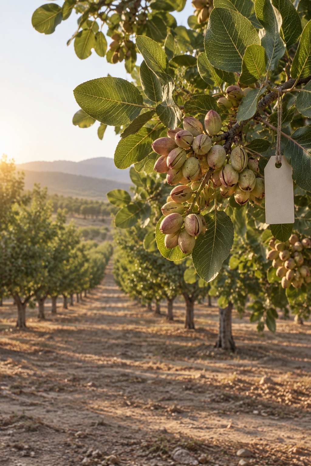 Pistachio clusters on a documented source tree in an orchard