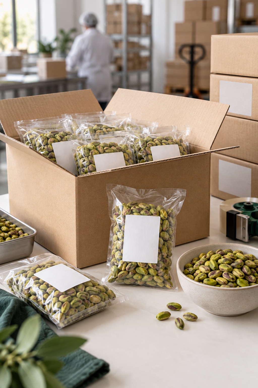 Pistachio kernel packs with blank controlled lot labels