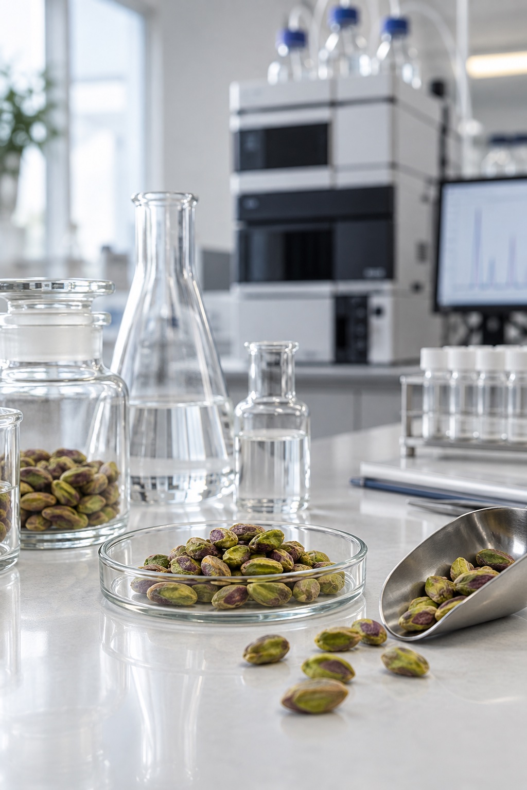 Pistachio kernel samples and glassware in a food testing laboratory