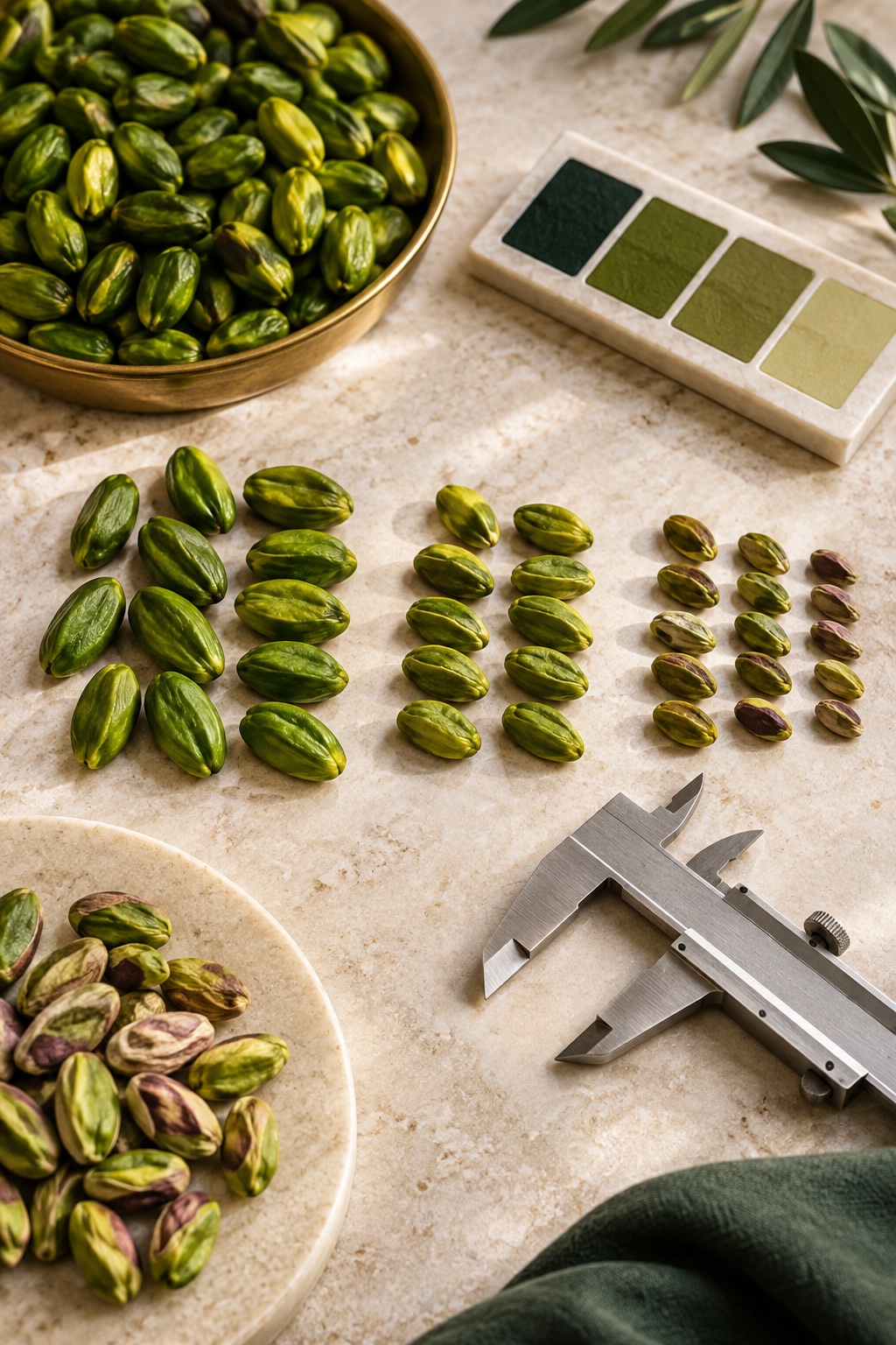 Pistachio kernels arranged for color and size grading beside precision tools